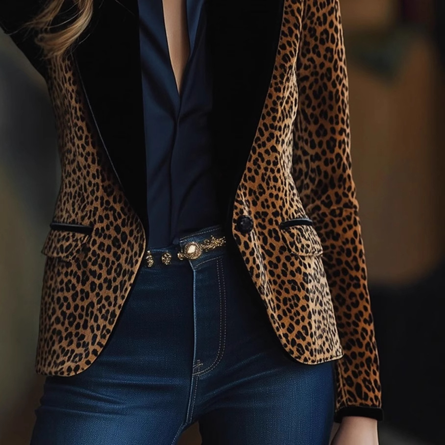 Womens Leopard Print Blazer Button Up Business Jacket Fashion Contrast Lapel